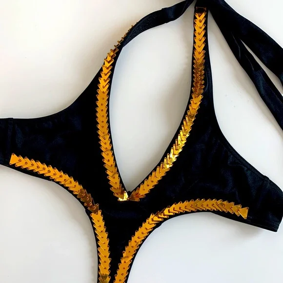 Black and Gold Sequin One Piece - Picture 2 of 6